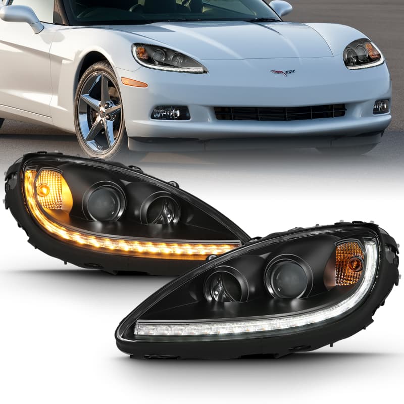ANZO Projector Headlights for Chevy C6 G2 Pair Clear Lens Black Housing