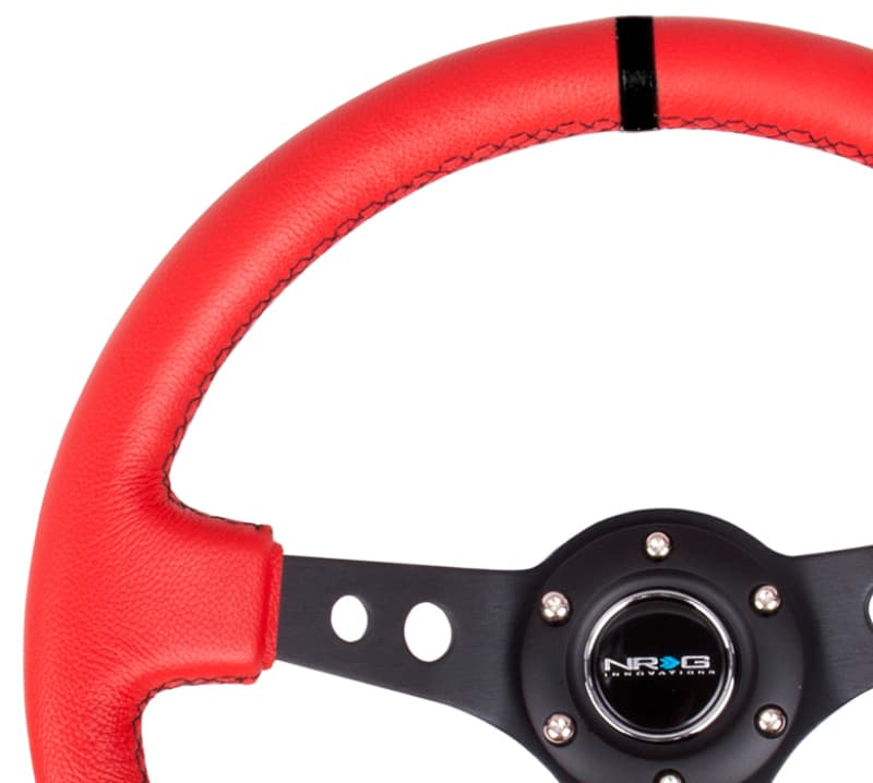 NRG Reinforced Steering Wheel 350mm 3in Deep Red Suede Black Cutout Spokes - Image 3