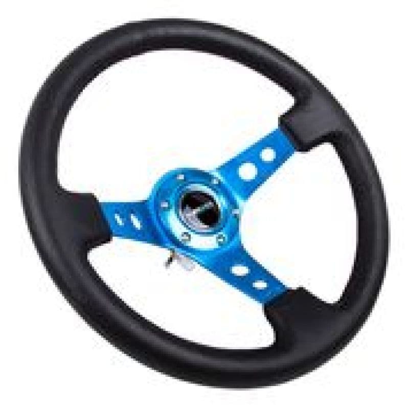 NRG Reinforced Steering Wheel 350mm 3in Deep Black Leather Blue Circle Cutout...