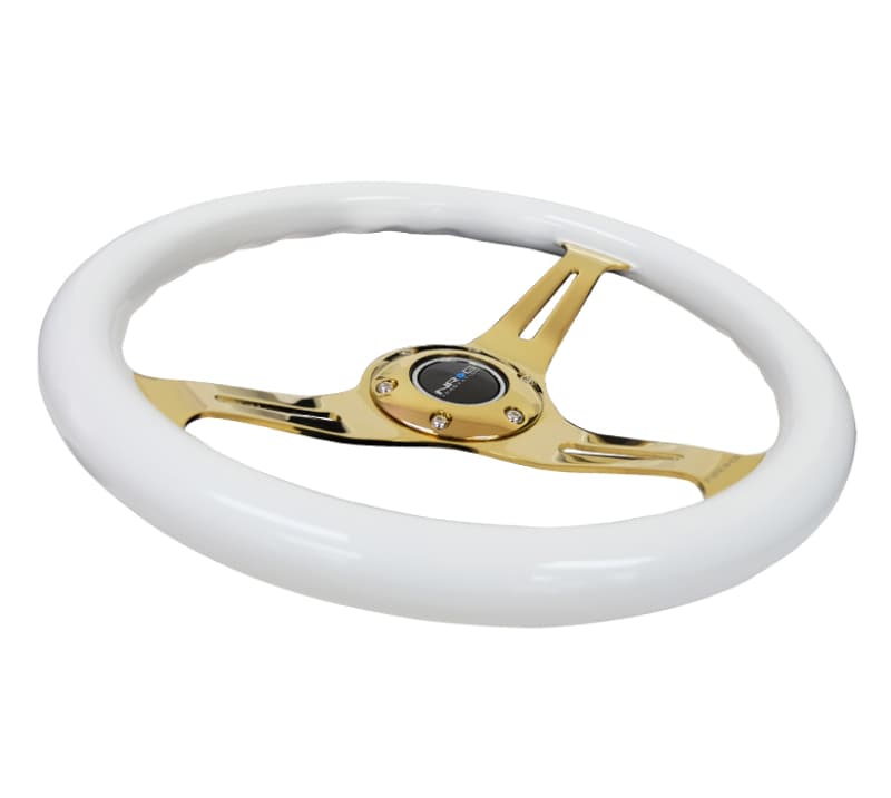 NRG Steering Wheel Classic Wood Grain 350mm White Grip Chrome Gold 3-Spoke - Image 3