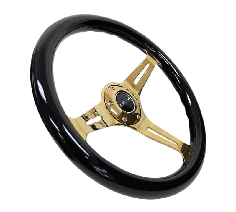 NRG Steering Wheel Classic Wood Grain 350mm Black Grip Chrome Gold 3-Spoke - Image 2