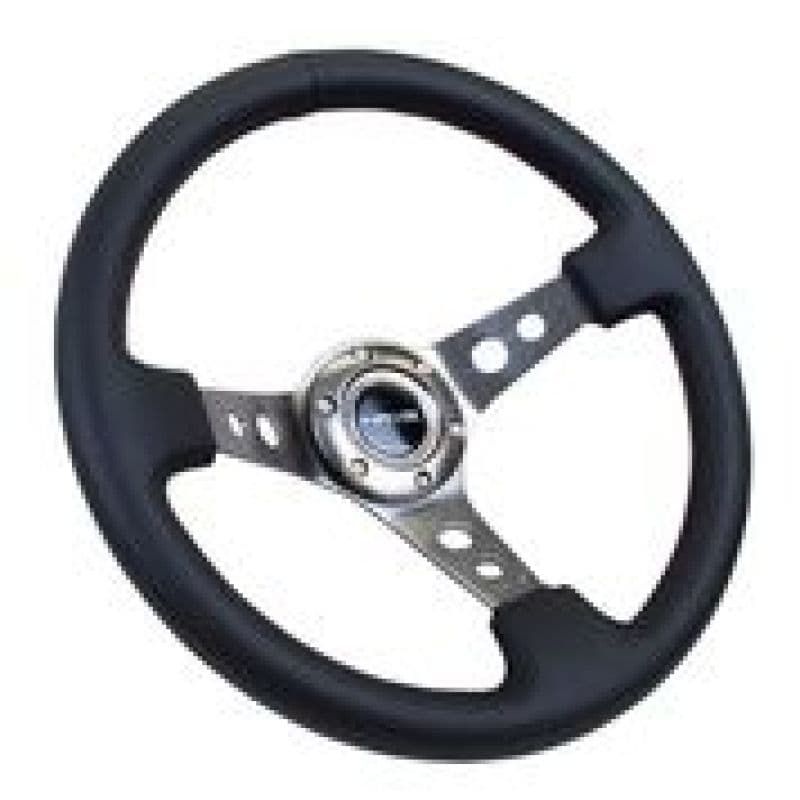 NRG Reinforced Steering Wheel 350mm 3in Deep Black Leather Gunmetal Spokes - Image 2