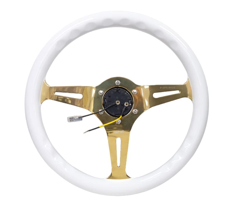 NRG Steering Wheel Classic Wood Grain 350mm White Grip Chrome Gold 3-Spoke - Image 4