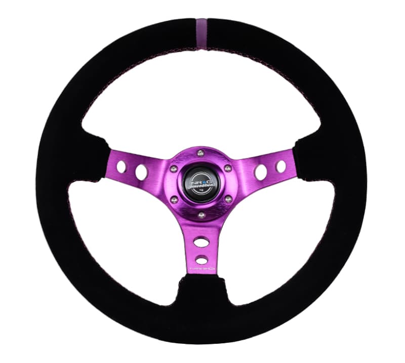 NRG Reinforced Steering Wheel 350mm 3in Deep Black Suede Purple Stitching