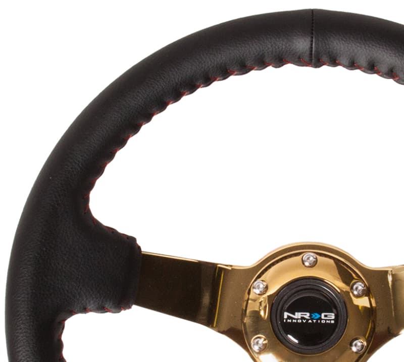 NRG Reinforced Steering Wheel 350mm 3in Deep Black Leather Red Stitch 4mm Gol... - Image 2