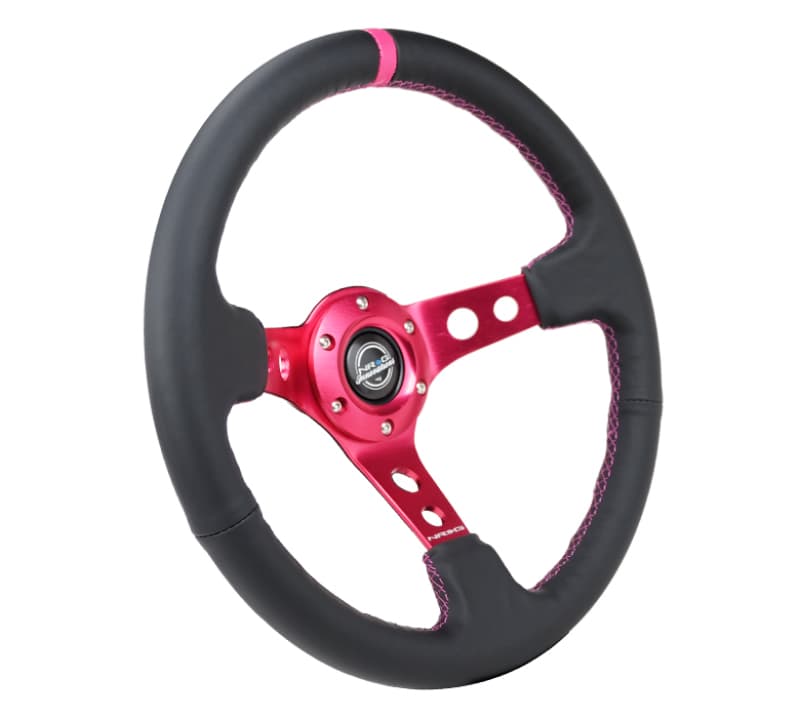 NRG Reinforced Steering Wheel 350mm Black Leather Fushia Center Mark Stitching - Image 2