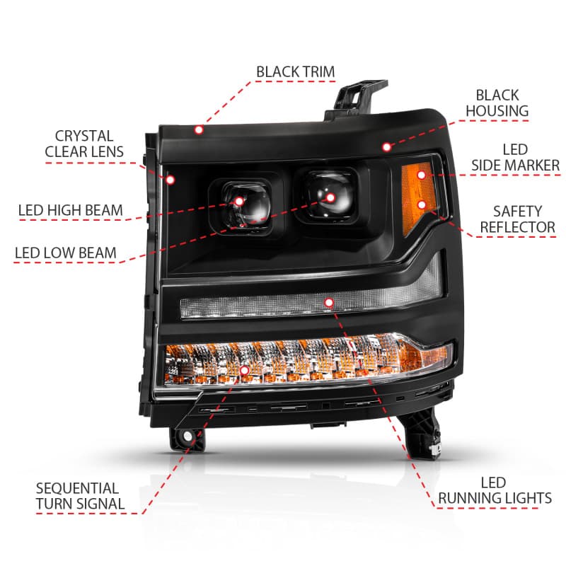ANZO LED Projector Headlights for 16-18 Chevy Silverado 1500 HID Models Black... - Image 4