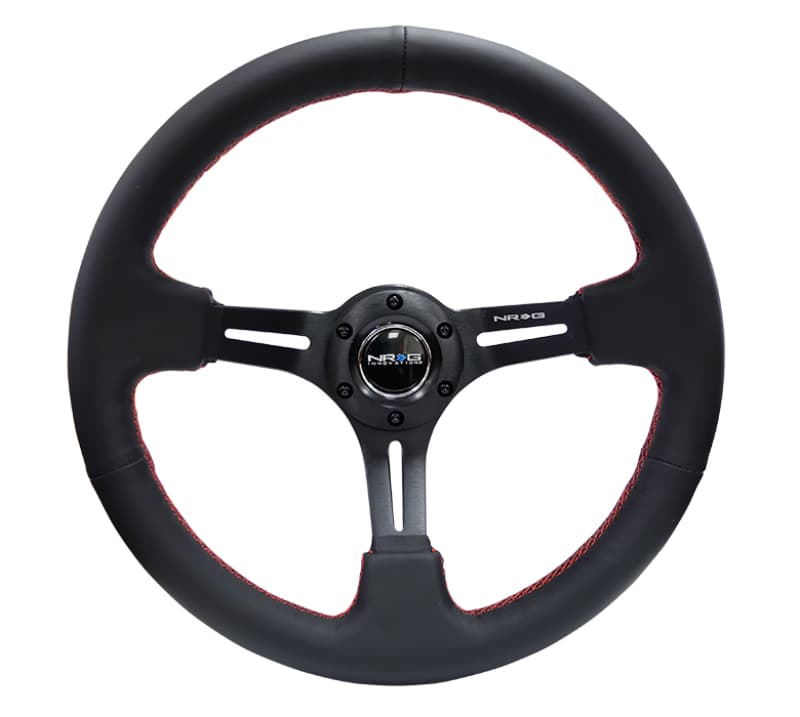 NRG Reinforced Steering Wheel 350mm 3in Deep Black Leather Red Stitch