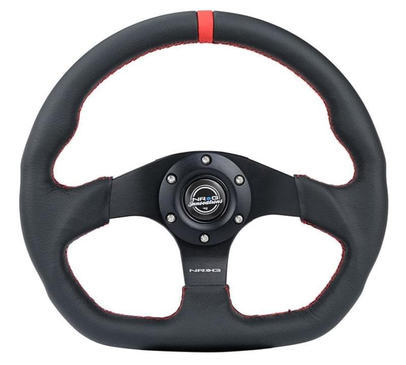 NRG Reinforced 320mm Flat Bottom Steering Wheel with Red Center Mark and Stit...