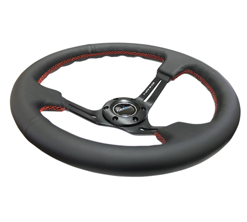 NRG Reinforced Steering Wheel 350mm 3in Deep Black Leather Red Stitch - Image 3