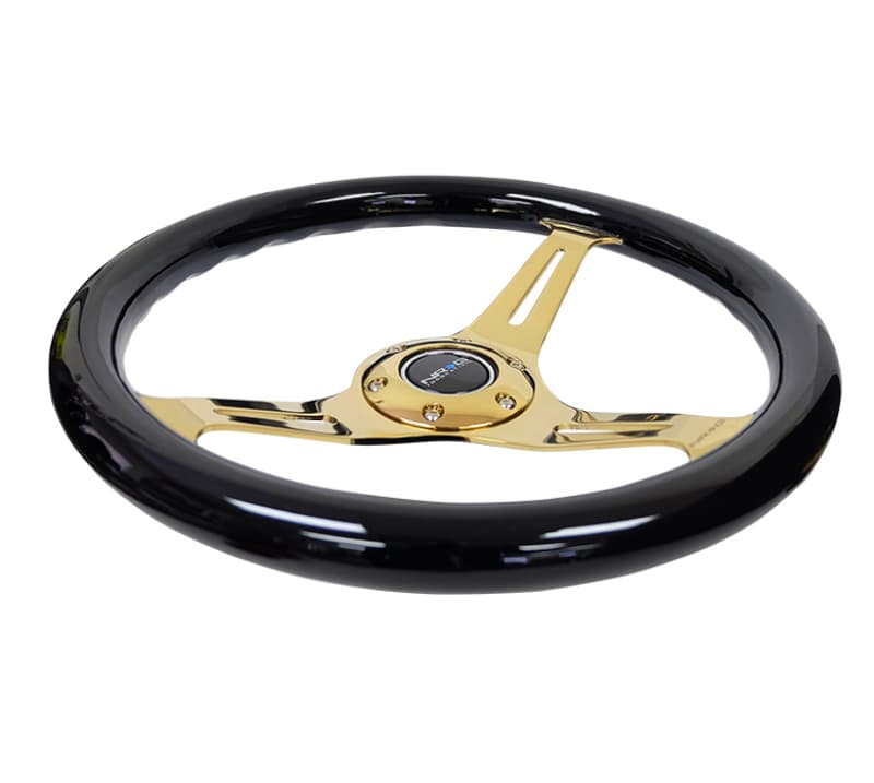 NRG Steering Wheel Classic Wood Grain 350mm Black Grip Chrome Gold 3-Spoke - Image 3