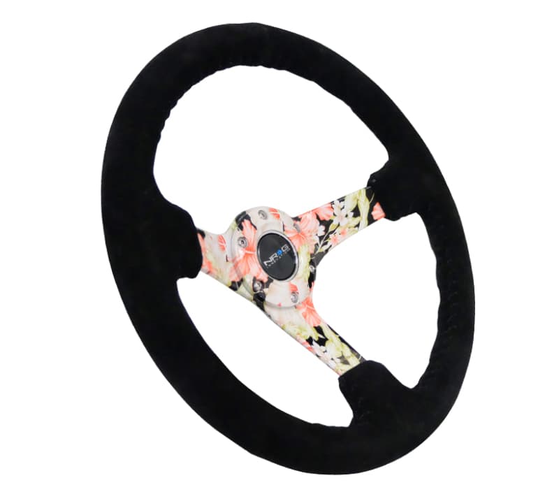 NRG Reinforced Steering Wheel 350mm 3in Deep Black Suede Floral Dipped - Image 2