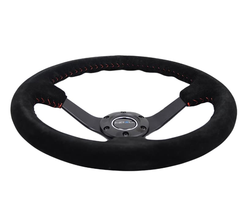 NRG Reinforced Steering Wheel 350mm 3in Deep Black Suede Red Stitch - Image 4