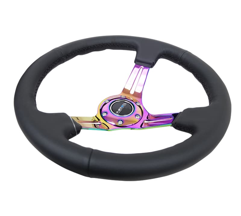 NRG Reinforced Steering Wheel 350mm 3in Deep Black Leather Black Stitch - Image 3