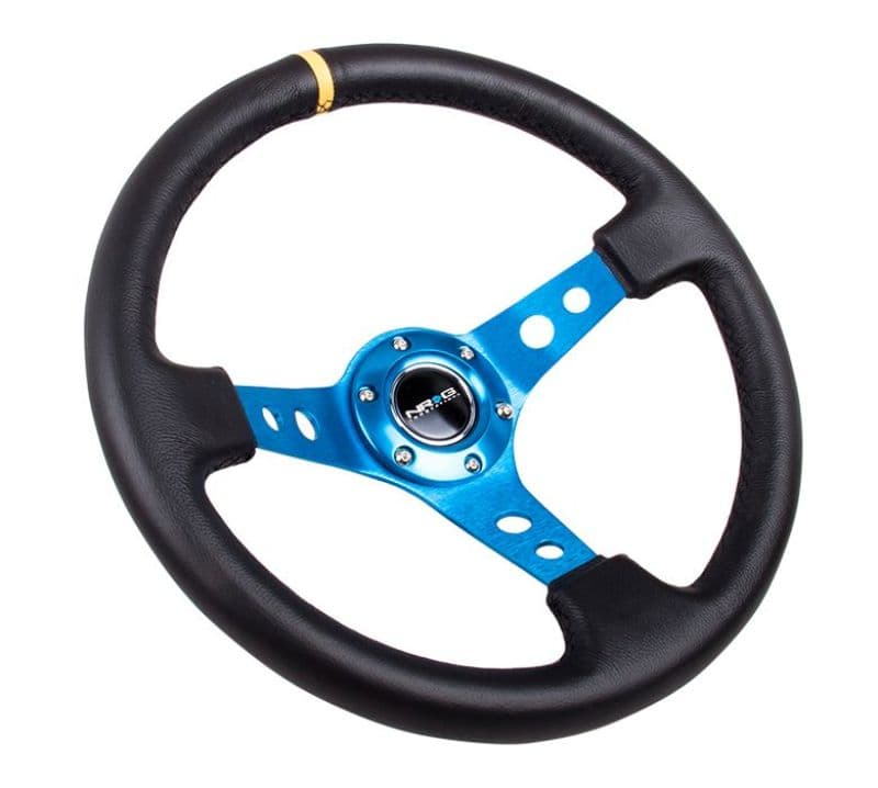 NRG Reinforced Steering Wheel 350mm 3in Deep Black Leather Blue Spoke Yellow CM