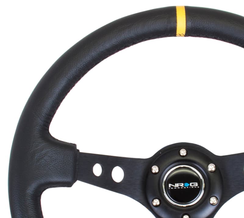 NRG Reinforced Steering Wheel 350mm 3in Deep Black Leather Yellow Center Mark - Image 3