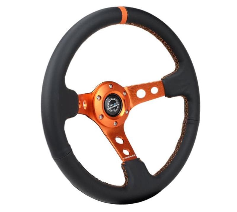 NRG Steering Wheel 350mm 3in Deep for Chevy C6 Black Leather Orange Stitching - Image 2