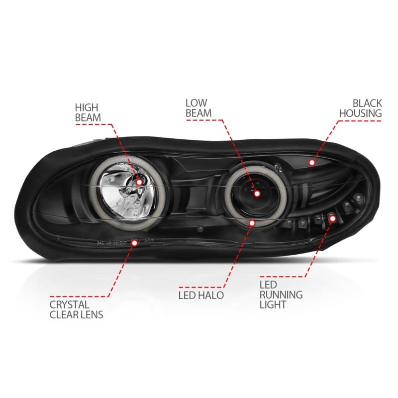 ANZO Projector Headlights with Halo Clear Lens Black Housing Pair - Image 5
