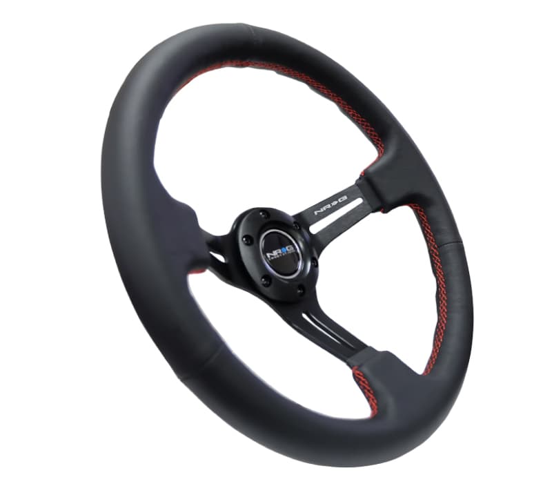 NRG Reinforced Steering Wheel 350mm 3in Deep Black Leather Red Stitch - Image 2