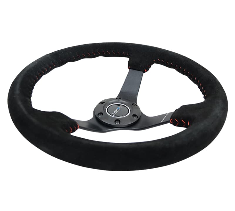 NRG Reinforced Steering Wheel 350mm 3in Deep Black Suede Red Stitch - Image 5