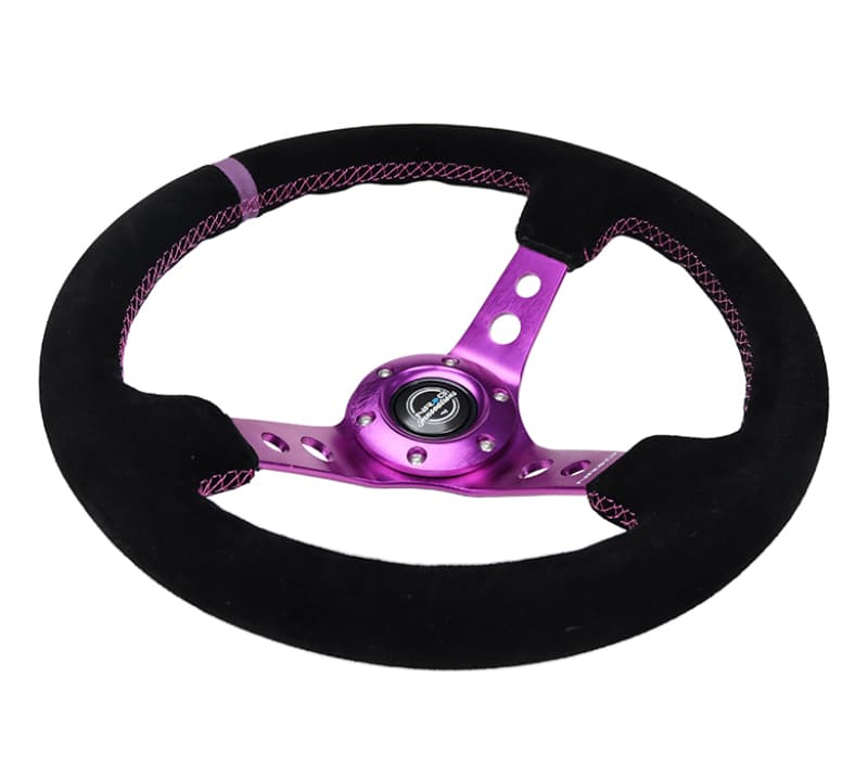 NRG Reinforced Steering Wheel 350mm 3in Deep Black Suede Purple Stitching - Image 3