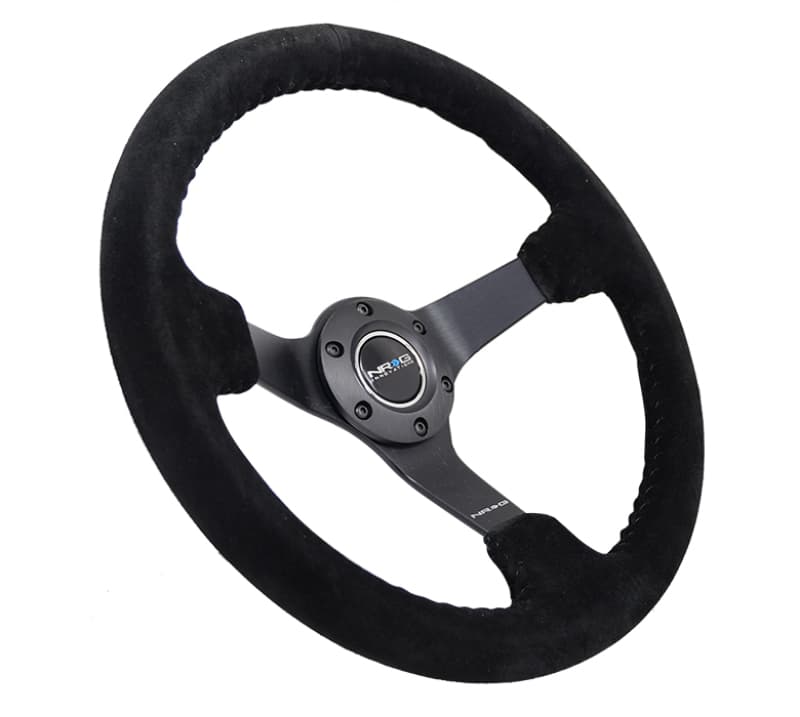 NRG Reinforced Steering Wheel 350mm 3in Deep Black Suede Black Stitch - Image 2