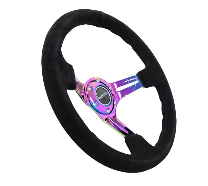 NRG Reinforced Steering Wheel 350mm 3in Deep Black Suede Black Stitch - Image 2