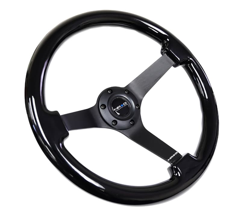 NRG Reinforced Steering Wheel 350mm 3in Deep Black w/ Black Chrome 3-Spoke - Image 2