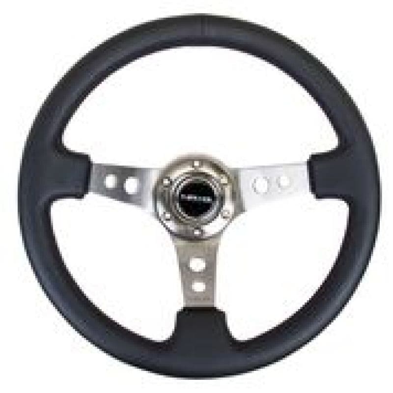 NRG Reinforced Steering Wheel 350mm 3in Deep Black Leather Gunmetal Spokes - Image 3