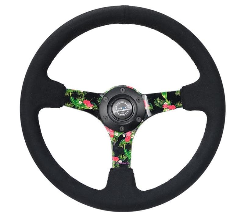 NRG Reinforced Steering Wheel 350mm 3in Deep Black Suede 5mm Floral 3-Spoke