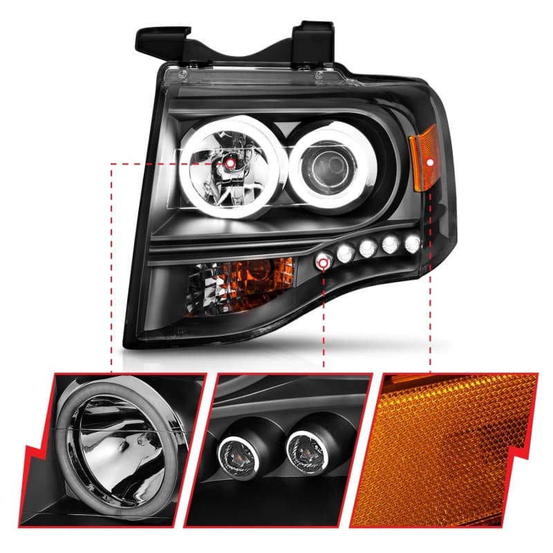 ANZO Projector Headlight Set for Chevy C6 with Halo Clear Lens Black Housing - Image 5