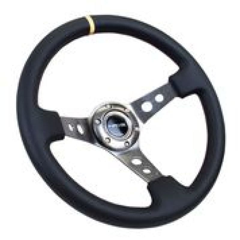 NRG Reinforced Steering Wheel 350mm 3in Deep Black Leather Gunmetal Cutout Spoke - Image 2