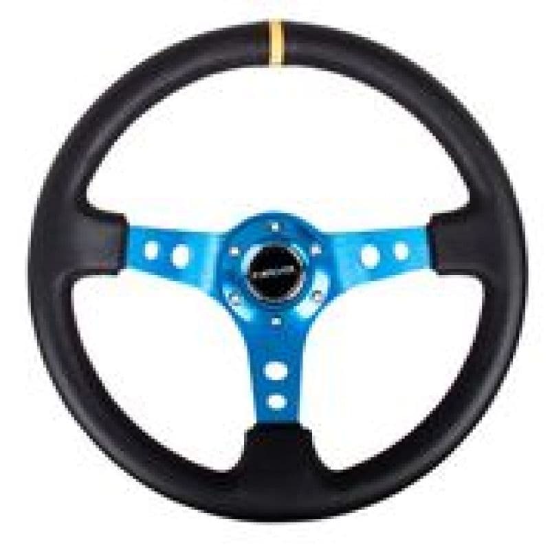 NRG Reinforced Steering Wheel 350mm 3in Deep Black Leather Blue Spoke Yellow CM - Image 2