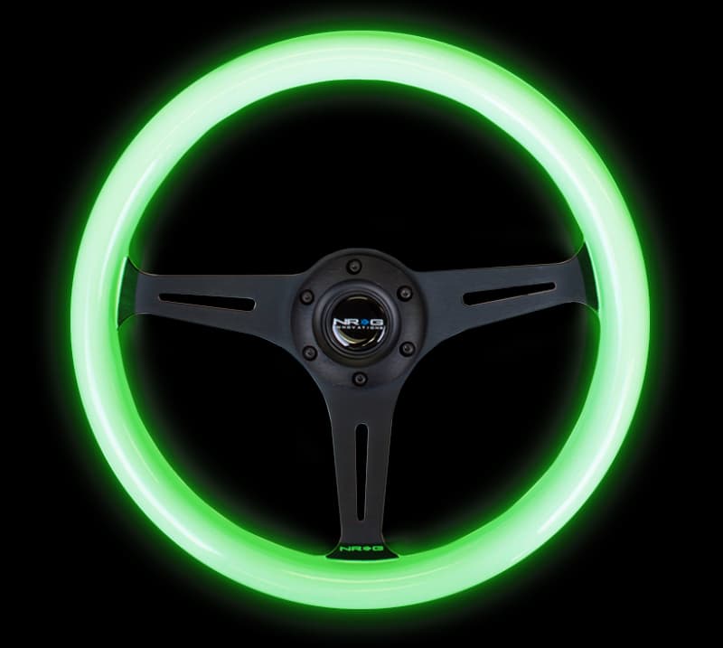 NRG Steering Wheel for Chevy C6 350mm Classic Wood Grain Glow Green Grip - Image 4
