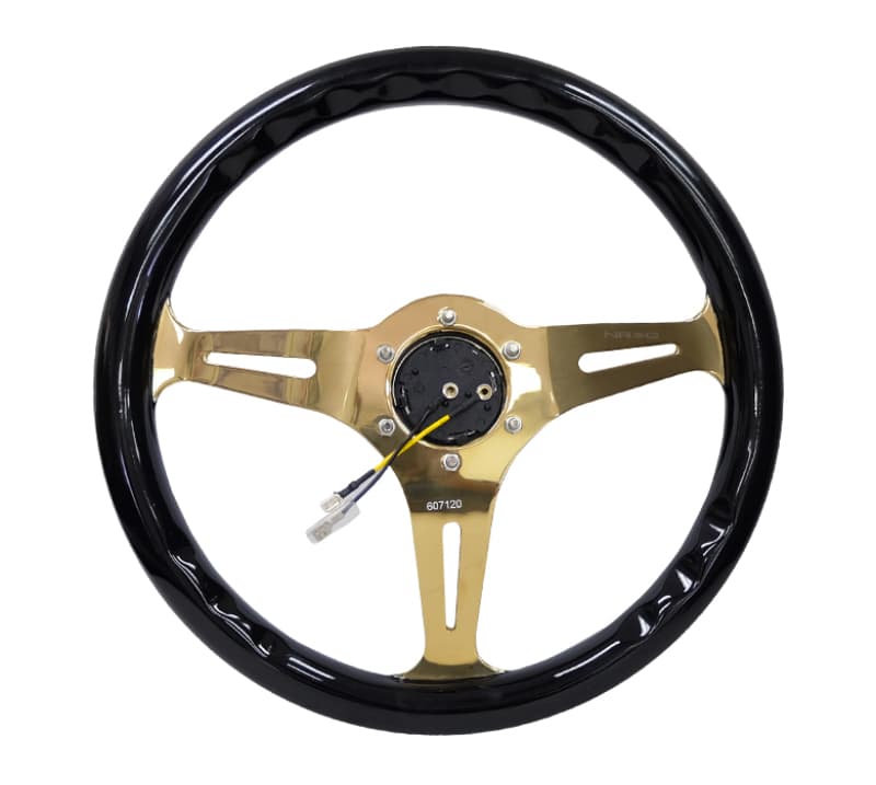 NRG Steering Wheel Classic Wood Grain 350mm Black Grip Chrome Gold 3-Spoke - Image 4