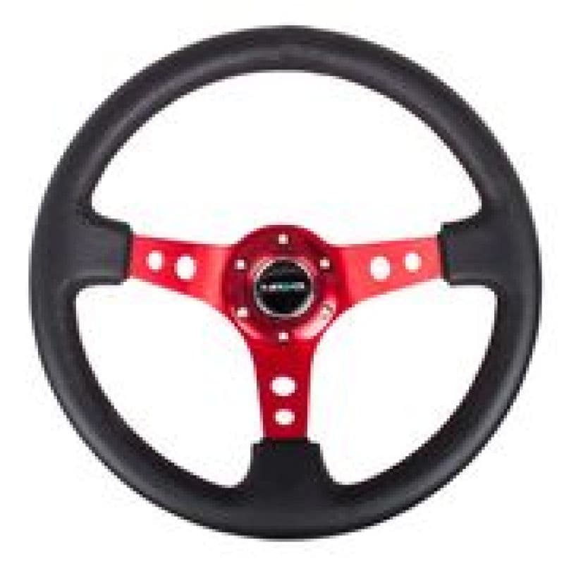 NRG Reinforced Steering Wheel 350mm 3in Deep Black Leather Red Circle Cutout