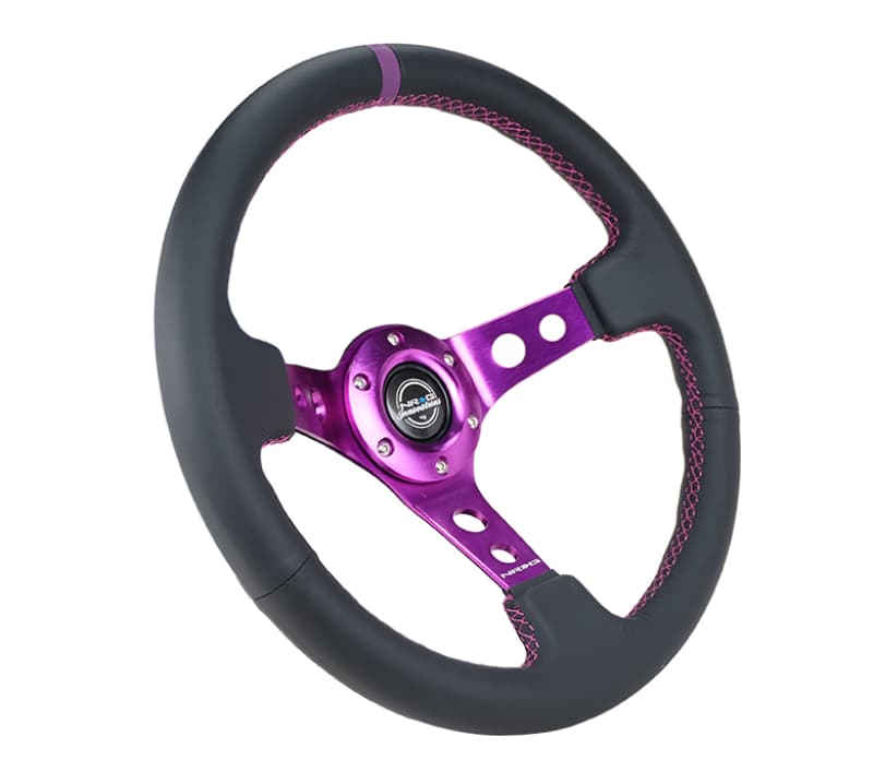 NRG Reinforced Steering Wheel 350mm 3in Deep Black Leather Purple Stitching - Image 2