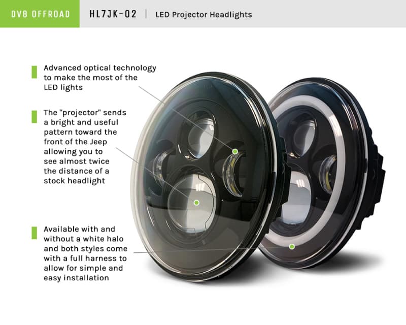 DV8 Offroad LED Projector Headlights for Jeep JK Bright White Upgrade HL7JK-02 - Image 2