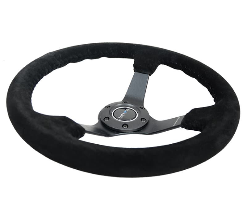 NRG Reinforced Steering Wheel 350mm 3in Deep Black Suede Black Stitch - Image 5