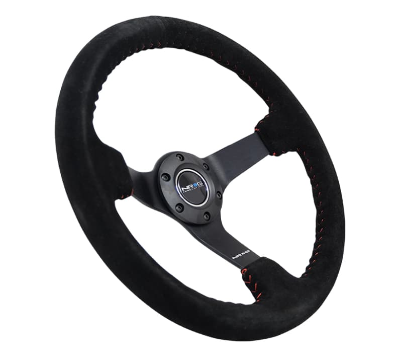 NRG Reinforced Steering Wheel 350mm 3in Deep Black Suede Red Stitch - Image 2