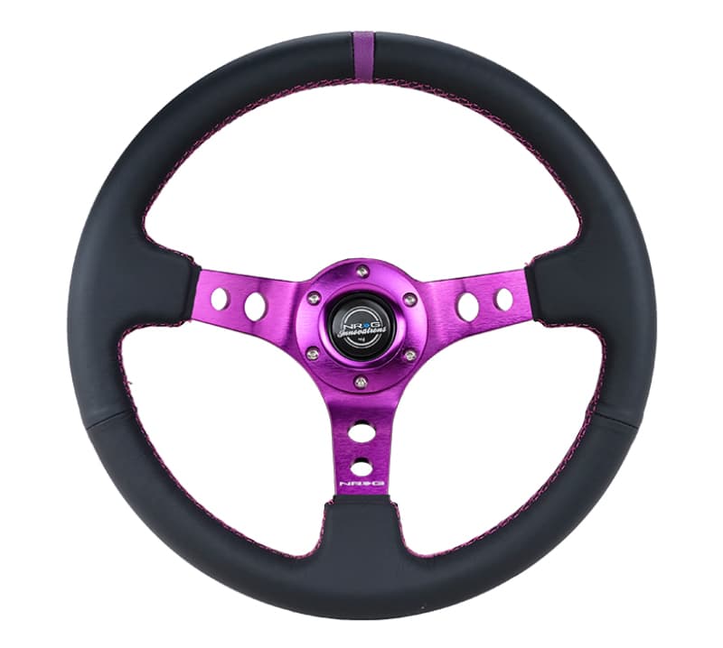 NRG Reinforced Steering Wheel 350mm 3in Deep Black Leather Purple Stitching