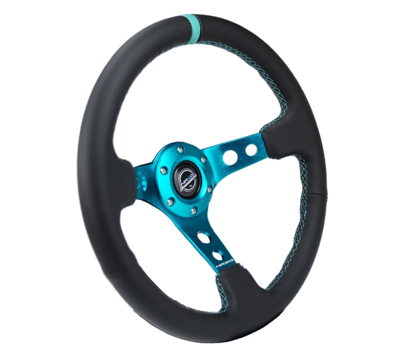 NRG Steering Wheel 350mm 3in Deep Black Leather Teal Center Mark for Reinforce - Image 2