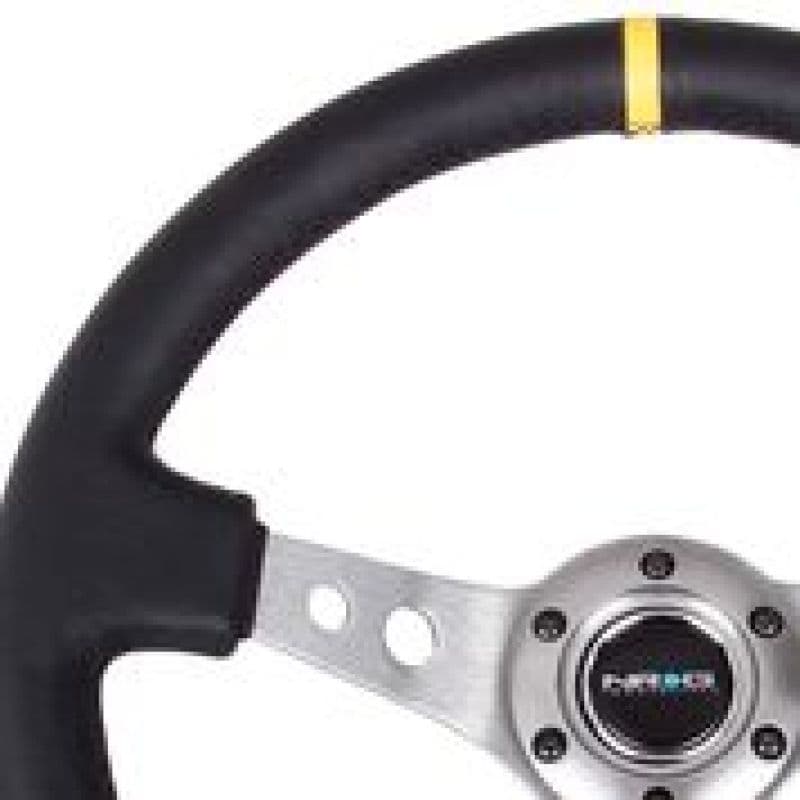 NRG Reinforced Steering Wheel 350mm 3in Deep Black Leather Gunmetal Cutout Spoke