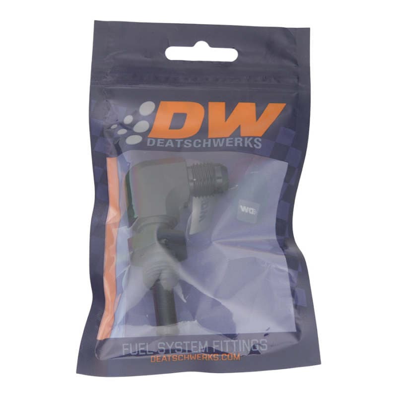 DeatschWerks 6AN Male Flare to 5/16" Male Barb Bulkhead Adapter 90° Matte Black - Image 2