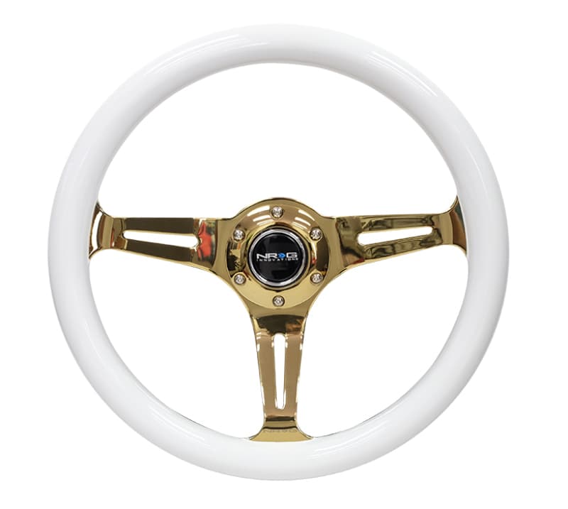 NRG Steering Wheel Classic Wood Grain 350mm White Grip Chrome Gold 3-Spoke