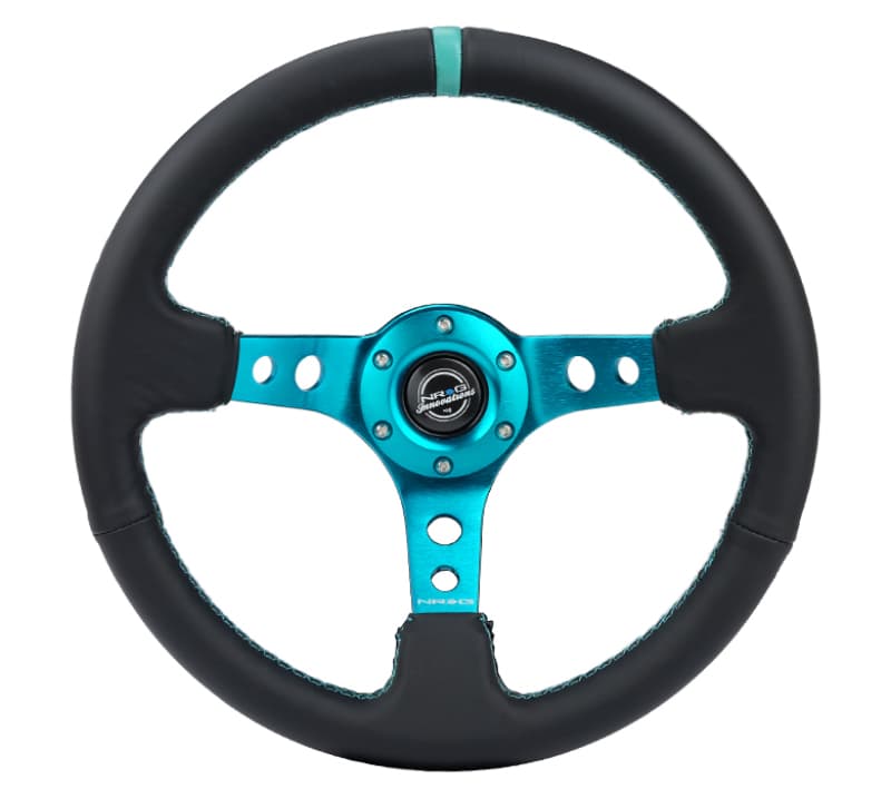NRG Steering Wheel 350mm 3in Deep Black Leather Teal Center Mark for Reinforce