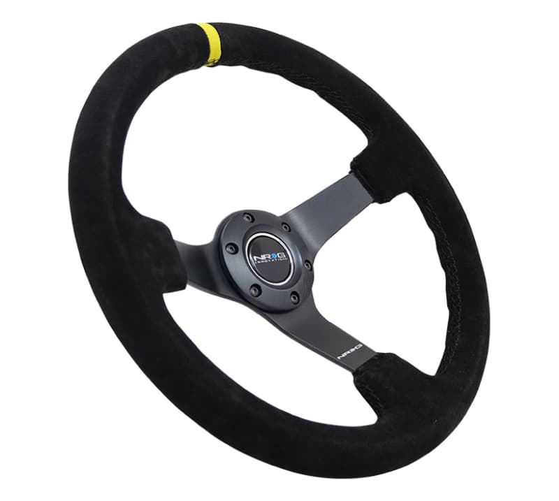 NRG Reinforced Steering Wheel 350mm 3in Deep Black Suede Yellow Stitch - Image 2