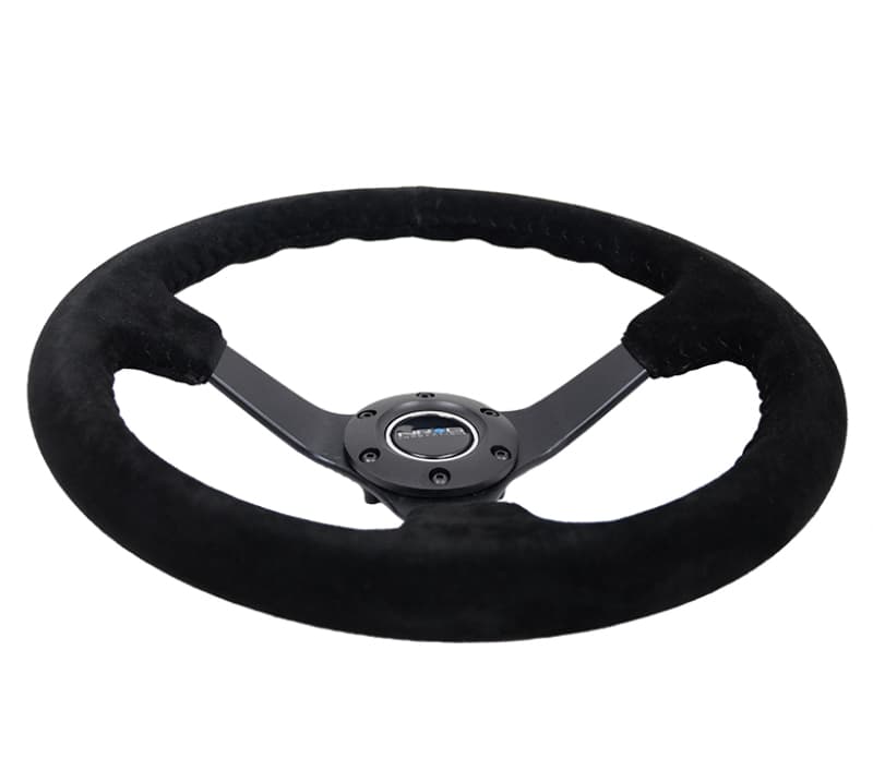 NRG Reinforced Steering Wheel 350mm 3in Deep Black Suede Black Stitch - Image 4