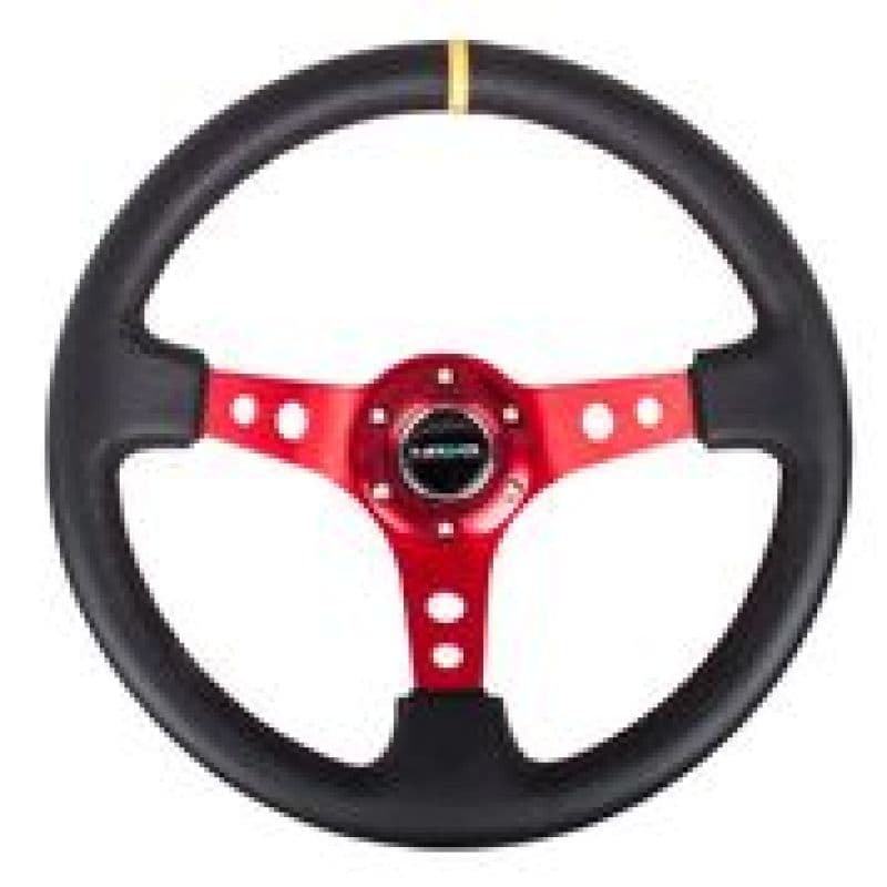 NRG Reinforced Steering Wheel 350mm 3in Deep Black Leather Red Spokes - Image 3