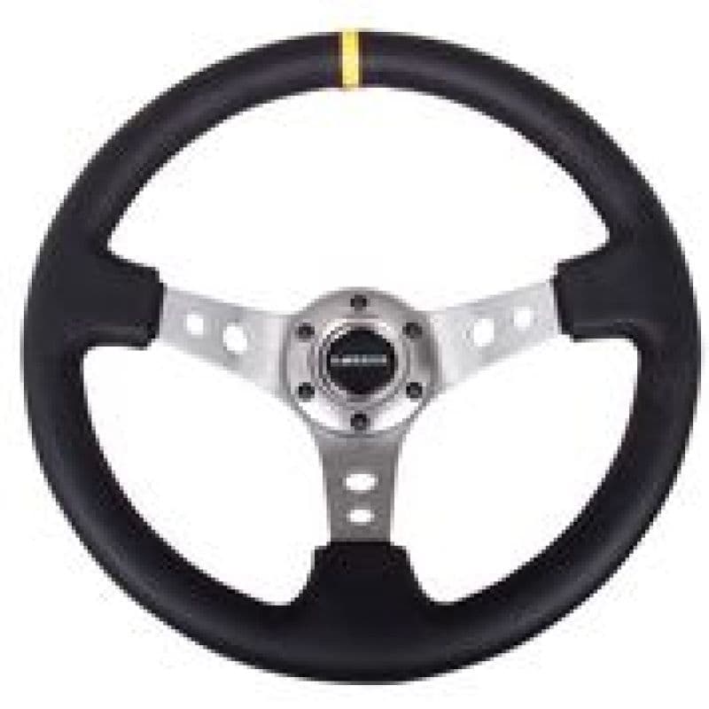 NRG Reinforced Steering Wheel 350mm 3in Deep Black Leather Gunmetal Cutout Spoke - Image 3